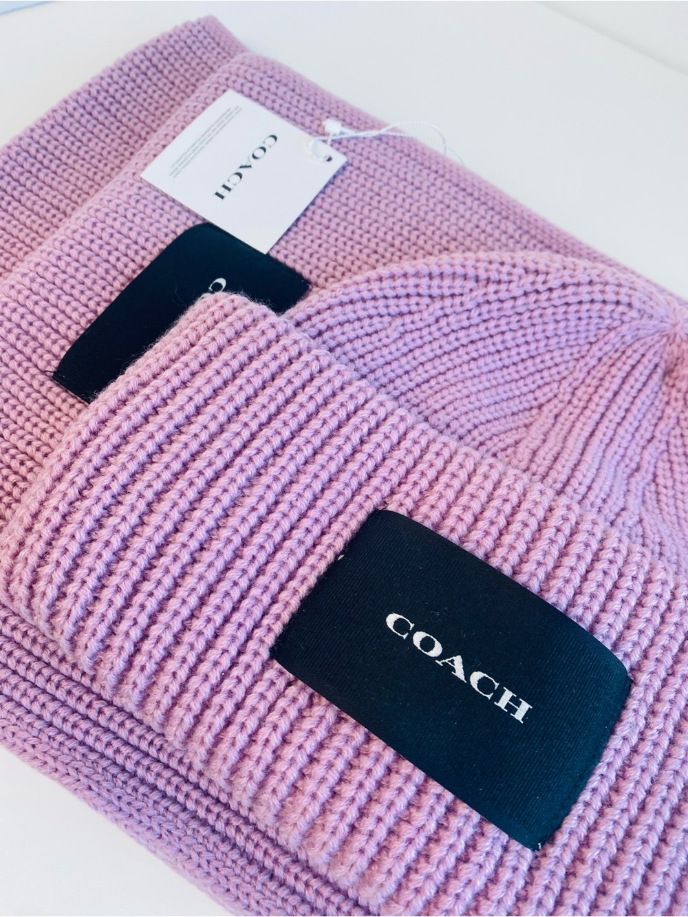 Coach NWT Pink Knit Beanie & Scarf Set